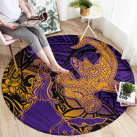 Hawaiian Volcano and Shark Round Carpet Polynesian and Hibiscus Pattern Purple Yellow Gradient