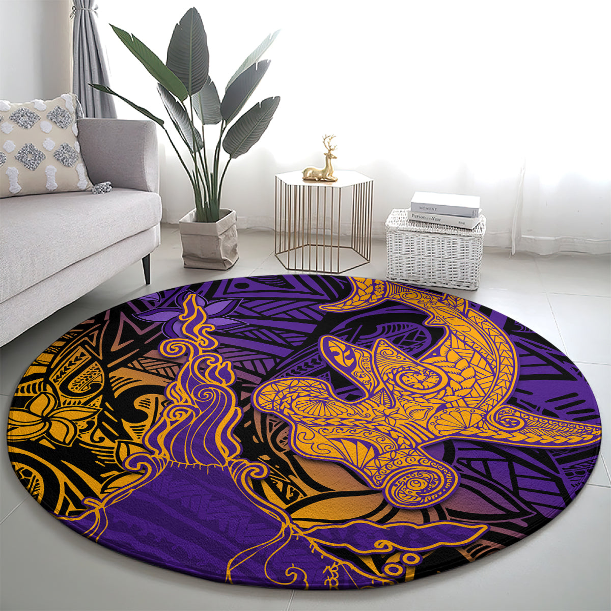 Hawaiian Volcano and Shark Round Carpet Polynesian and Hibiscus Pattern Purple Yellow Gradient
