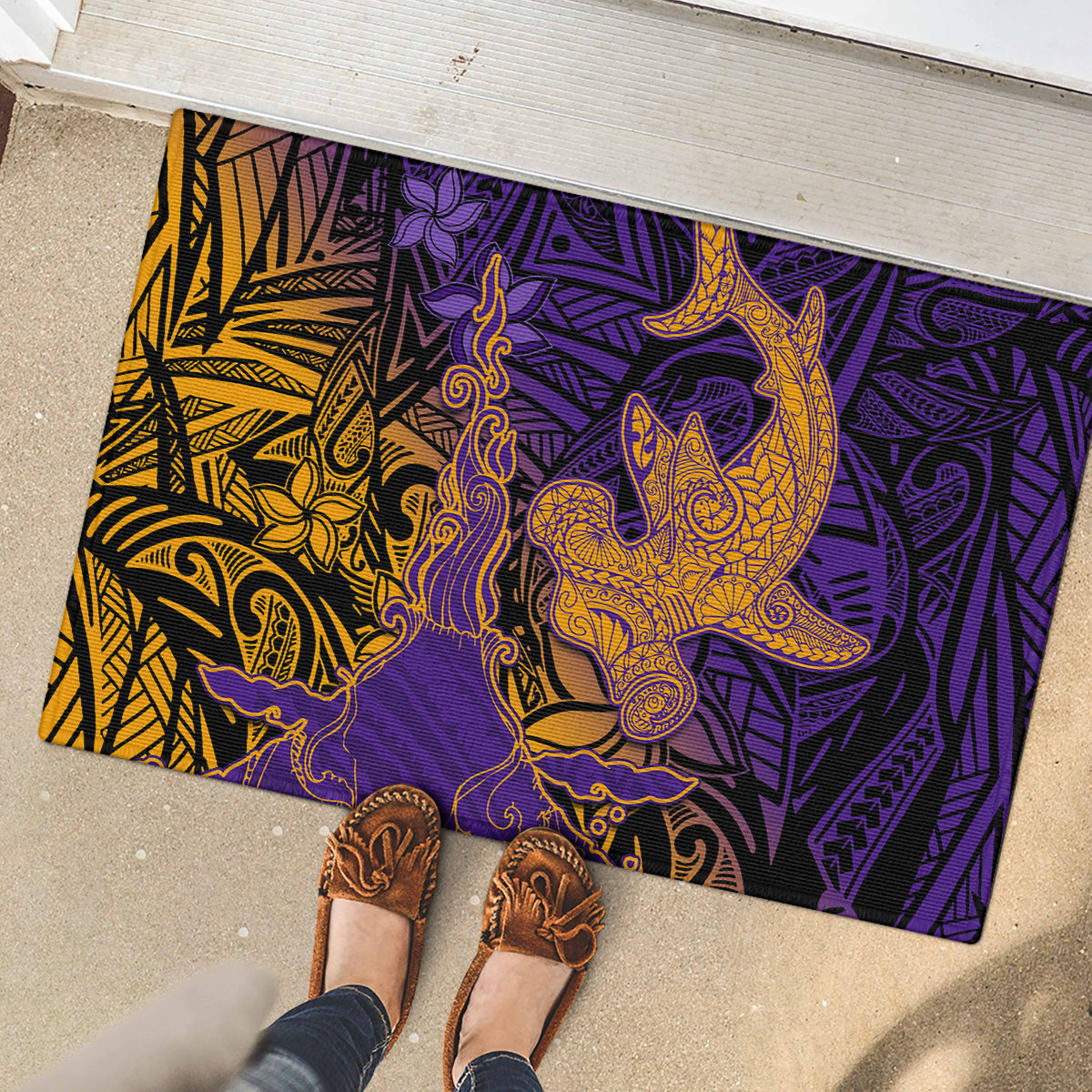 Hawaiian Volcano and Shark Rubber Doormat Polynesian and Hibiscus Pattern Purple Yellow Gradient