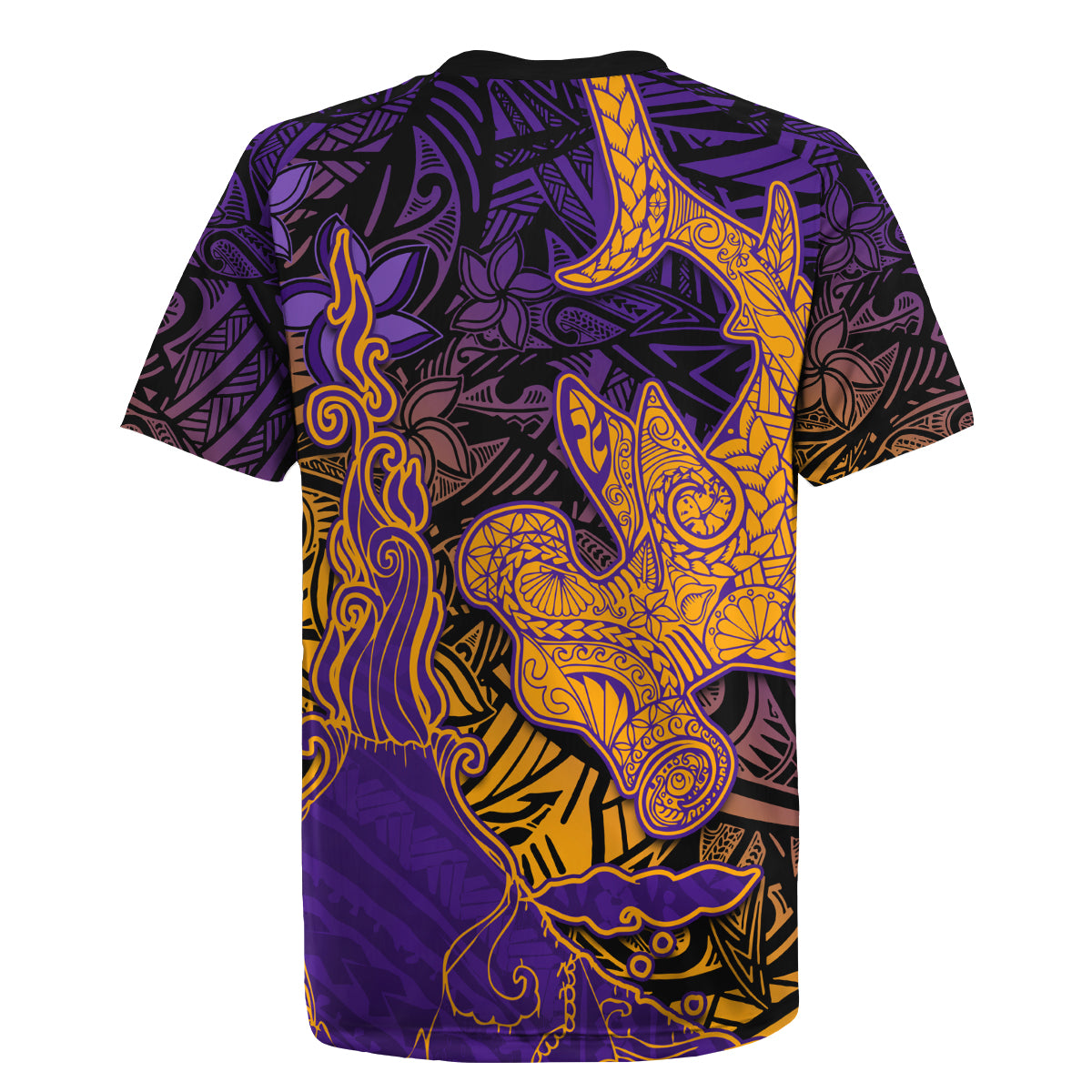 Hawaiian Volcano and Shark Rugby Jersey Polynesian and Hibiscus Pattern Purple Yellow Gradient