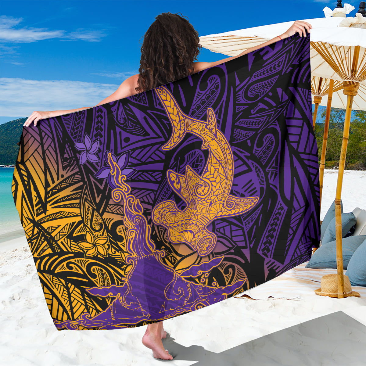 Hawaiian Volcano and Shark Sarong Polynesian and Hibiscus Pattern Purple Yellow Gradient
