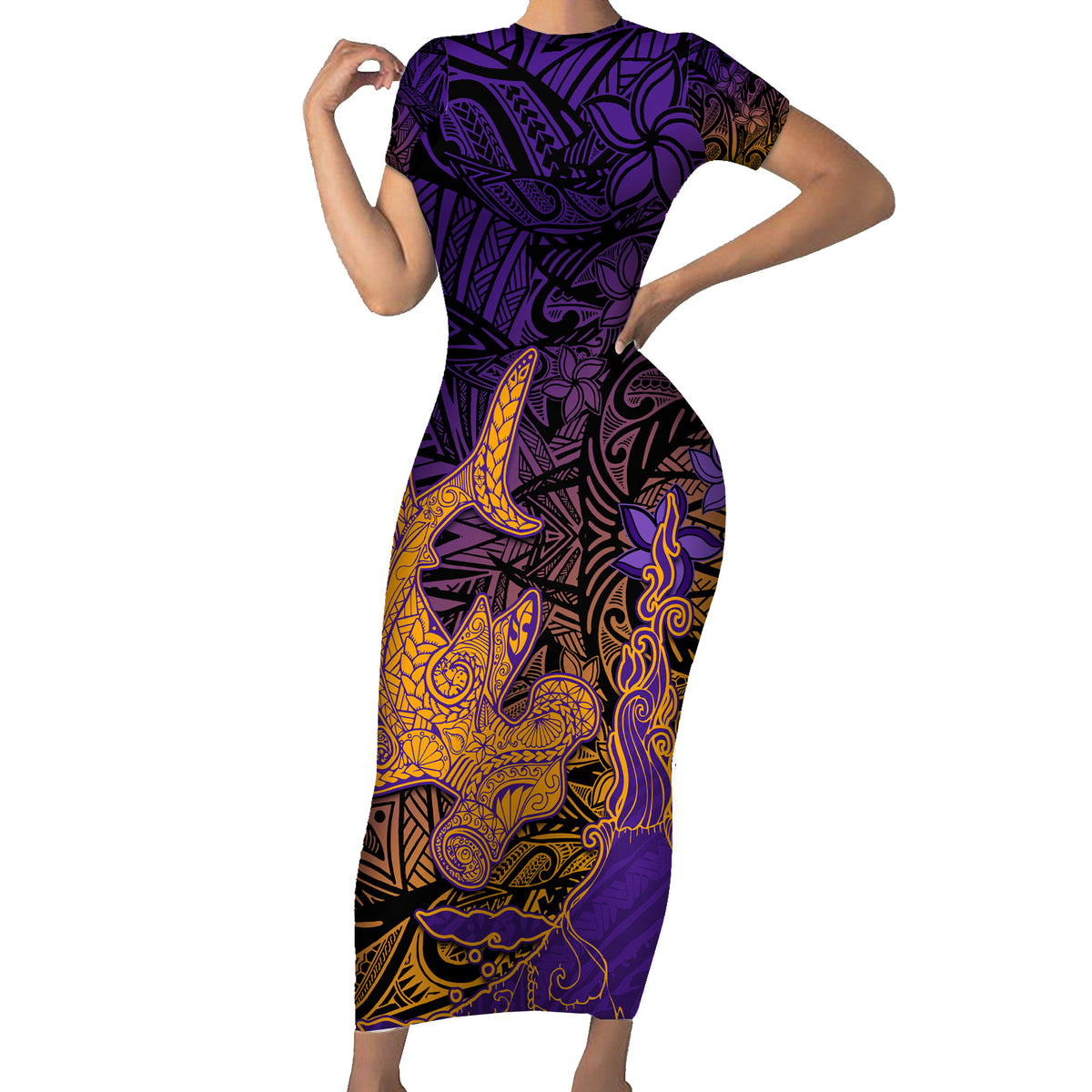 Hawaiian Volcano and Shark Short Sleeve Bodycon Dress Polynesian and Hibiscus Pattern Purple Yellow Gradient