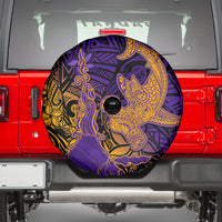 Hawaiian Volcano and Shark Spare Tire Cover Polynesian and Hibiscus Pattern Purple Yellow Gradient