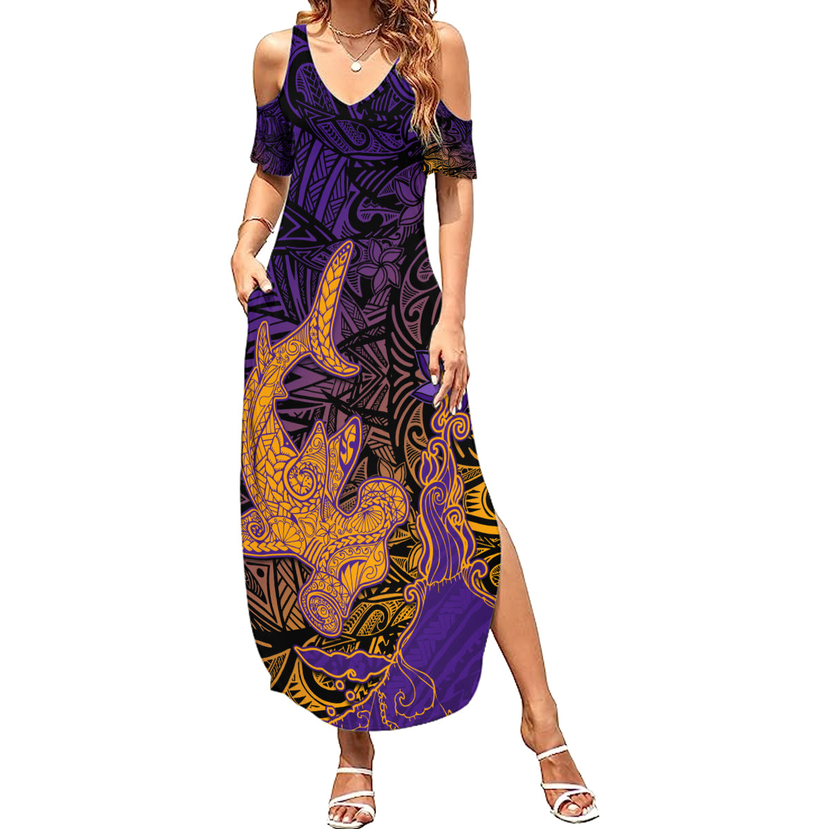 Hawaiian Volcano and Shark Summer Maxi Dress Polynesian and Hibiscus Pattern Purple Yellow Gradient