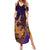 Hawaiian Volcano and Shark Summer Maxi Dress Polynesian and Hibiscus Pattern Purple Yellow Gradient