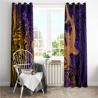 Hawaiian Volcano and Shark Window Curtain Polynesian and Hibiscus Pattern Purple Yellow Gradient