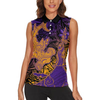 Hawaiian Volcano and Shark Women Sleeveless Polo Shirt Polynesian and Hibiscus Pattern Purple Yellow Gradient