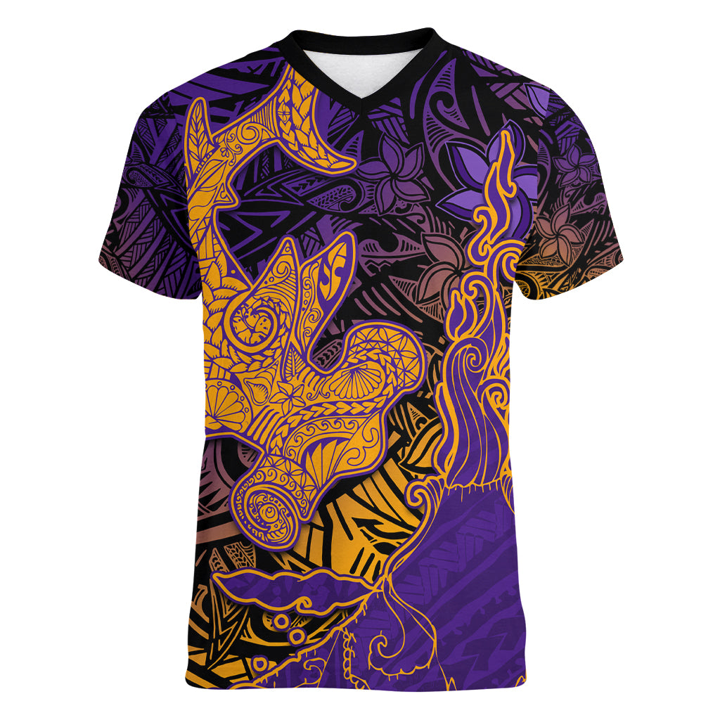 Hawaiian Volcano and Shark Women V-Neck T-Shirt Polynesian and Hibiscus Pattern Purple Yellow Gradient