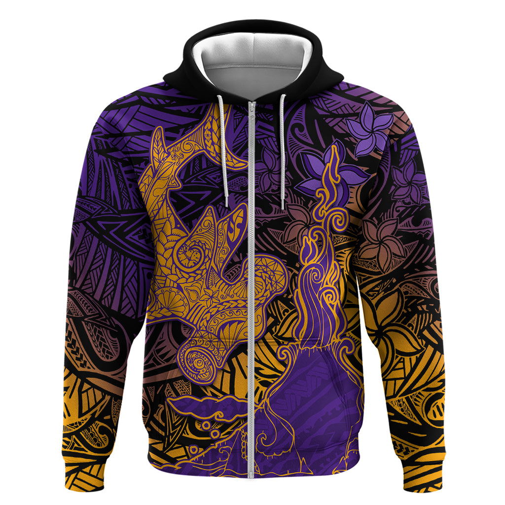 Hawaiian Volcano and Shark Zip Hoodie Polynesian and Hibiscus Pattern Purple Yellow Gradient