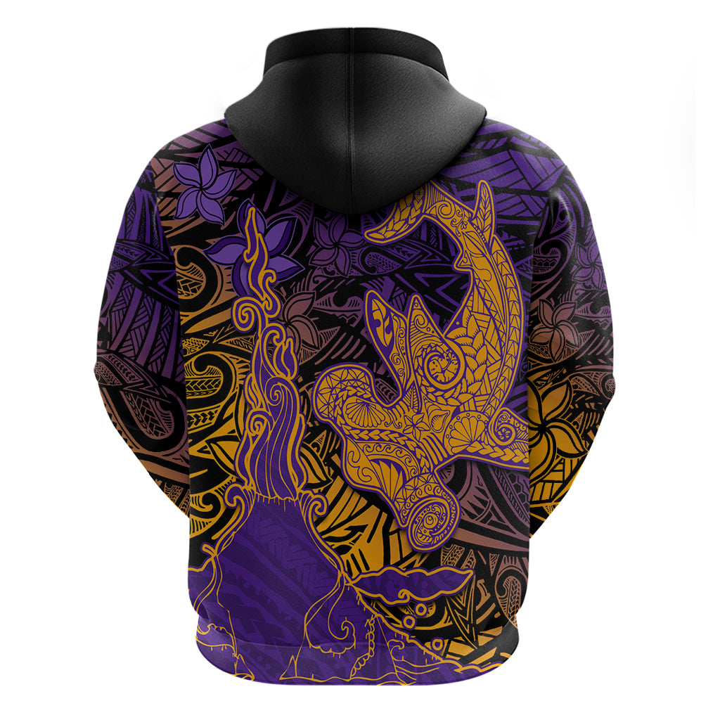 Hawaiian Volcano and Shark Zip Hoodie Polynesian and Hibiscus Pattern Purple Yellow Gradient