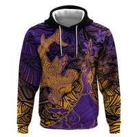 Hawaiian Volcano and Shark Zip Hoodie Polynesian and Hibiscus Pattern Purple Yellow Gradient