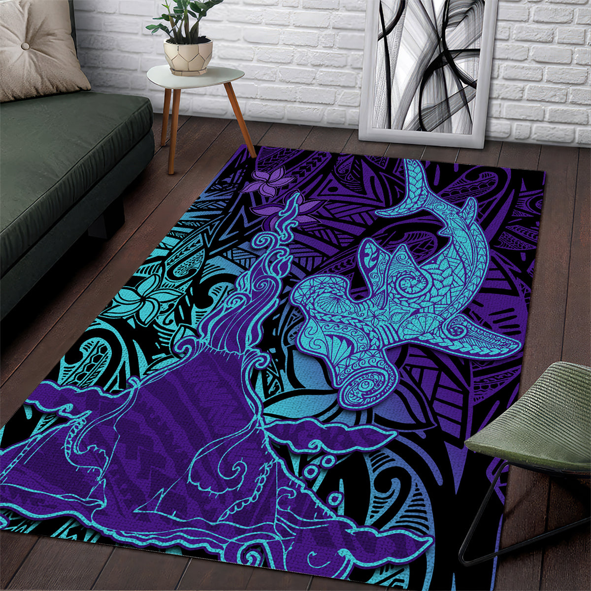 Hawaiian Volcano and Shark Area Rug Polynesian and Hibiscus Pattern Purple Cyan Gradient