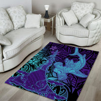 Hawaiian Volcano and Shark Area Rug Polynesian and Hibiscus Pattern Purple Cyan Gradient