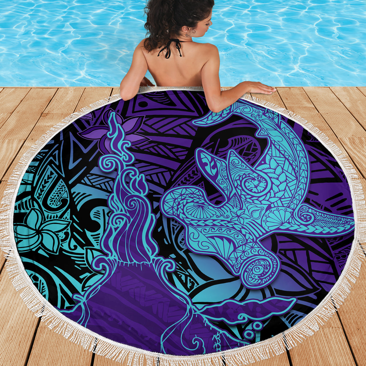Hawaiian Volcano and Shark Beach Blanket Polynesian and Hibiscus Pattern Purple Cyan Gradient