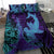 Hawaiian Volcano and Shark Bedding Set Polynesian and Hibiscus Pattern Purple Cyan Gradient