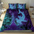 Hawaiian Volcano and Shark Bedding Set Polynesian and Hibiscus Pattern Purple Cyan Gradient