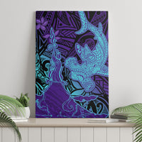 Hawaiian Volcano and Shark Canvas Wall Art Polynesian and Hibiscus Pattern Purple Cyan Gradient
