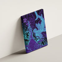 Hawaiian Volcano and Shark Canvas Wall Art Polynesian and Hibiscus Pattern Purple Cyan Gradient