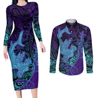 Hawaiian Volcano and Shark Couples Matching Long Sleeve Bodycon Dress and Long Sleeve Button Shirt Polynesian and Hibiscus Pattern Purple Cyan Gradient