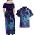 Hawaiian Volcano and Shark Couples Matching Off Shoulder Maxi Dress and Hawaiian Shirt Polynesian and Hibiscus Pattern Purple Cyan Gradient