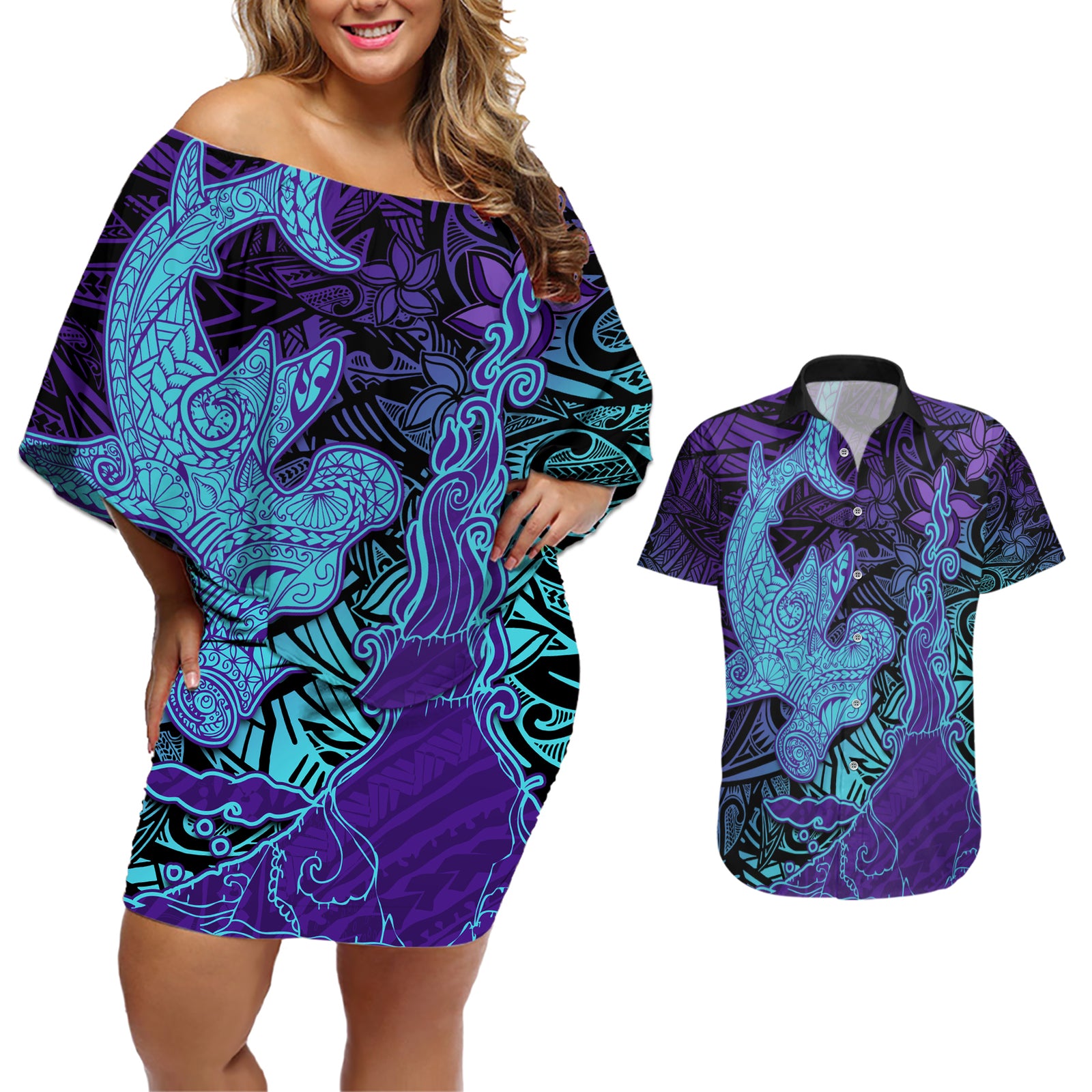 Hawaiian Volcano and Shark Couples Matching Off Shoulder Short Dress and Hawaiian Shirt Polynesian and Hibiscus Pattern Purple Cyan Gradient