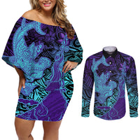 Hawaiian Volcano and Shark Couples Matching Off Shoulder Short Dress and Long Sleeve Button Shirt Polynesian and Hibiscus Pattern Purple Cyan Gradient