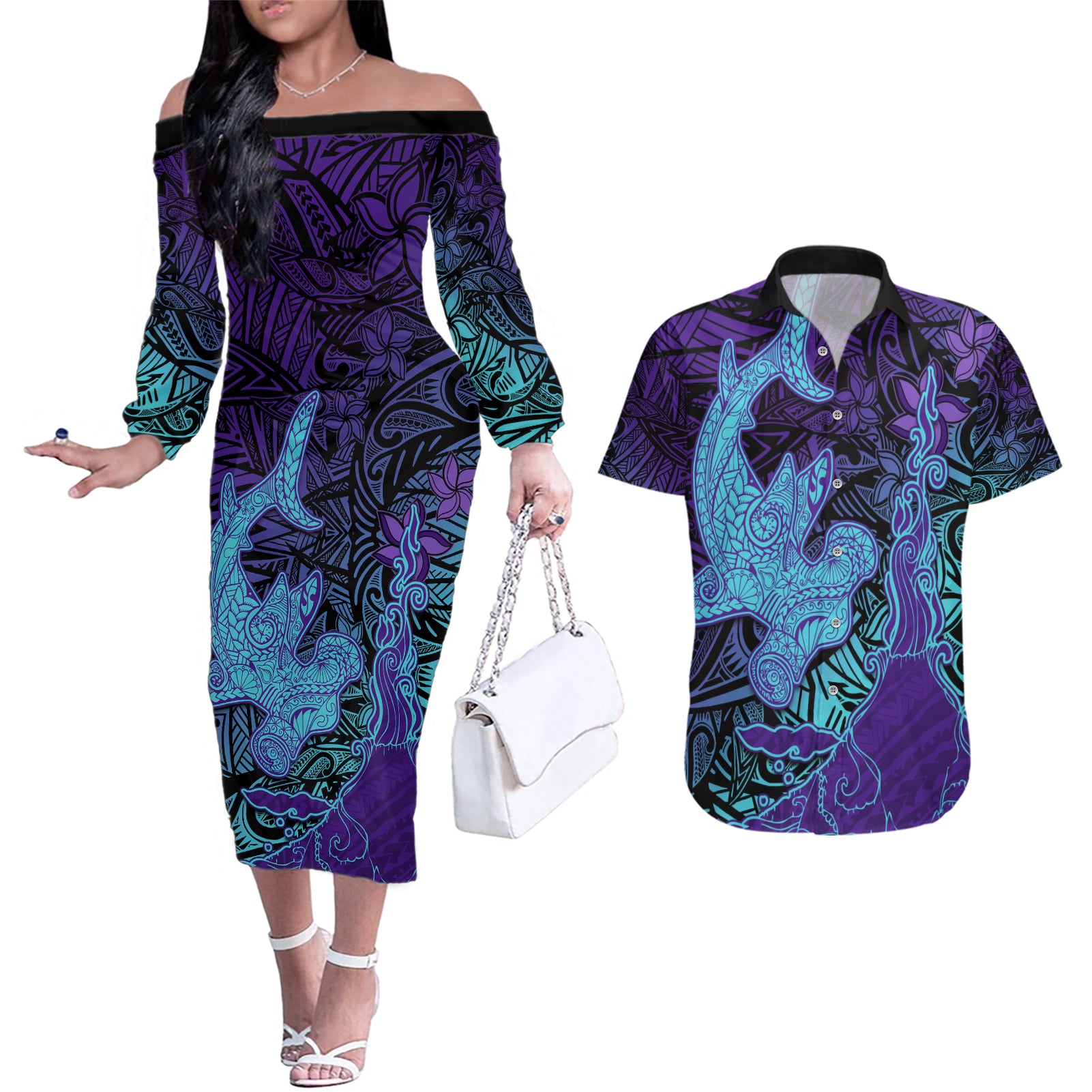 Hawaiian Volcano and Shark Couples Matching Off The Shoulder Long Sleeve Dress and Hawaiian Shirt Polynesian and Hibiscus Pattern Purple Cyan Gradient