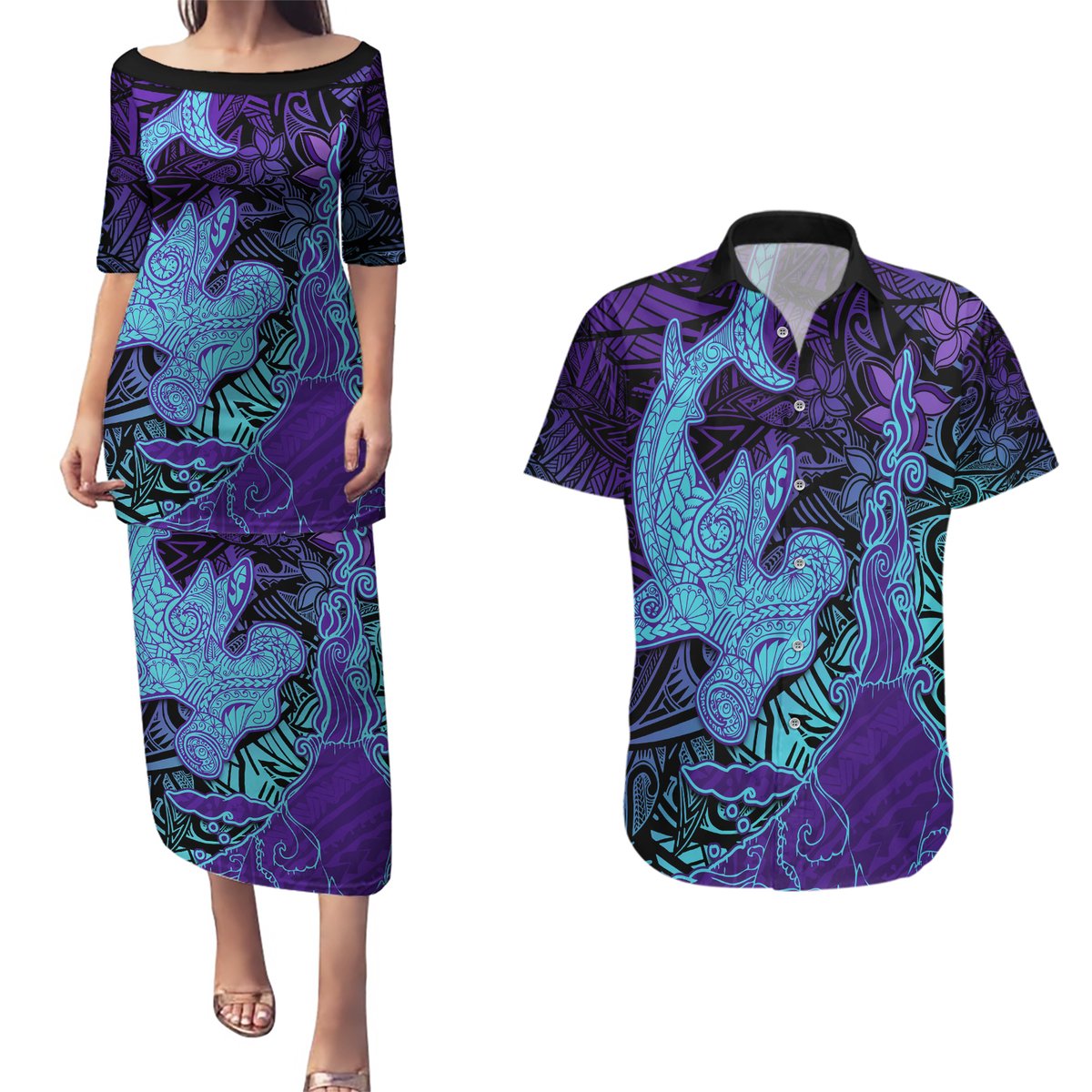 Hawaiian Volcano and Shark Couples Matching Puletasi and Hawaiian Shirt Polynesian and Hibiscus Pattern Purple Cyan Gradient