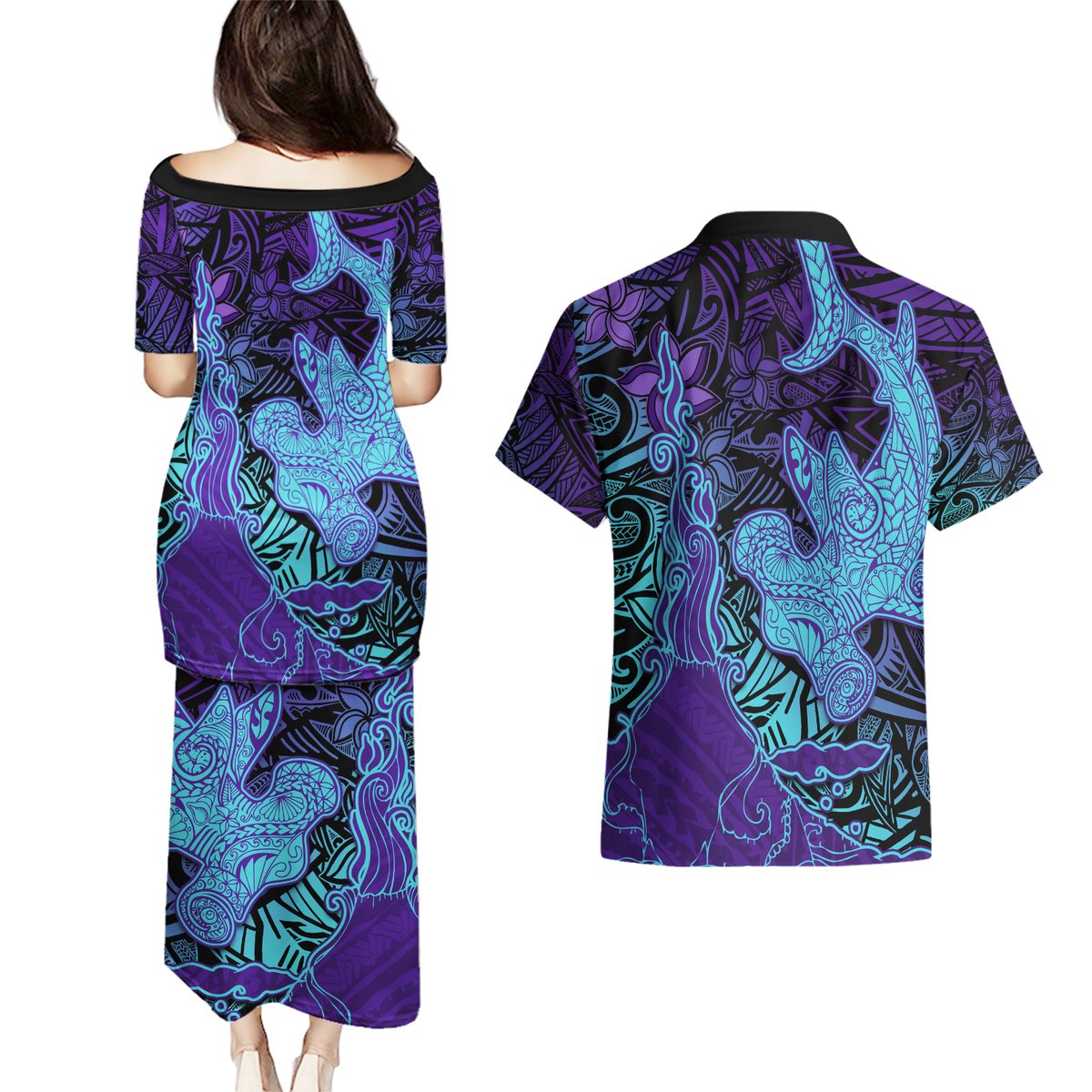 Hawaiian Volcano and Shark Couples Matching Puletasi and Hawaiian Shirt Polynesian and Hibiscus Pattern Purple Cyan Gradient