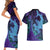 Hawaiian Volcano and Shark Couples Matching Short Sleeve Bodycon Dress and Hawaiian Shirt Polynesian and Hibiscus Pattern Purple Cyan Gradient