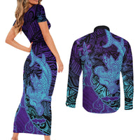 Hawaiian Volcano and Shark Couples Matching Short Sleeve Bodycon Dress and Long Sleeve Button Shirt Polynesian and Hibiscus Pattern Purple Cyan Gradient