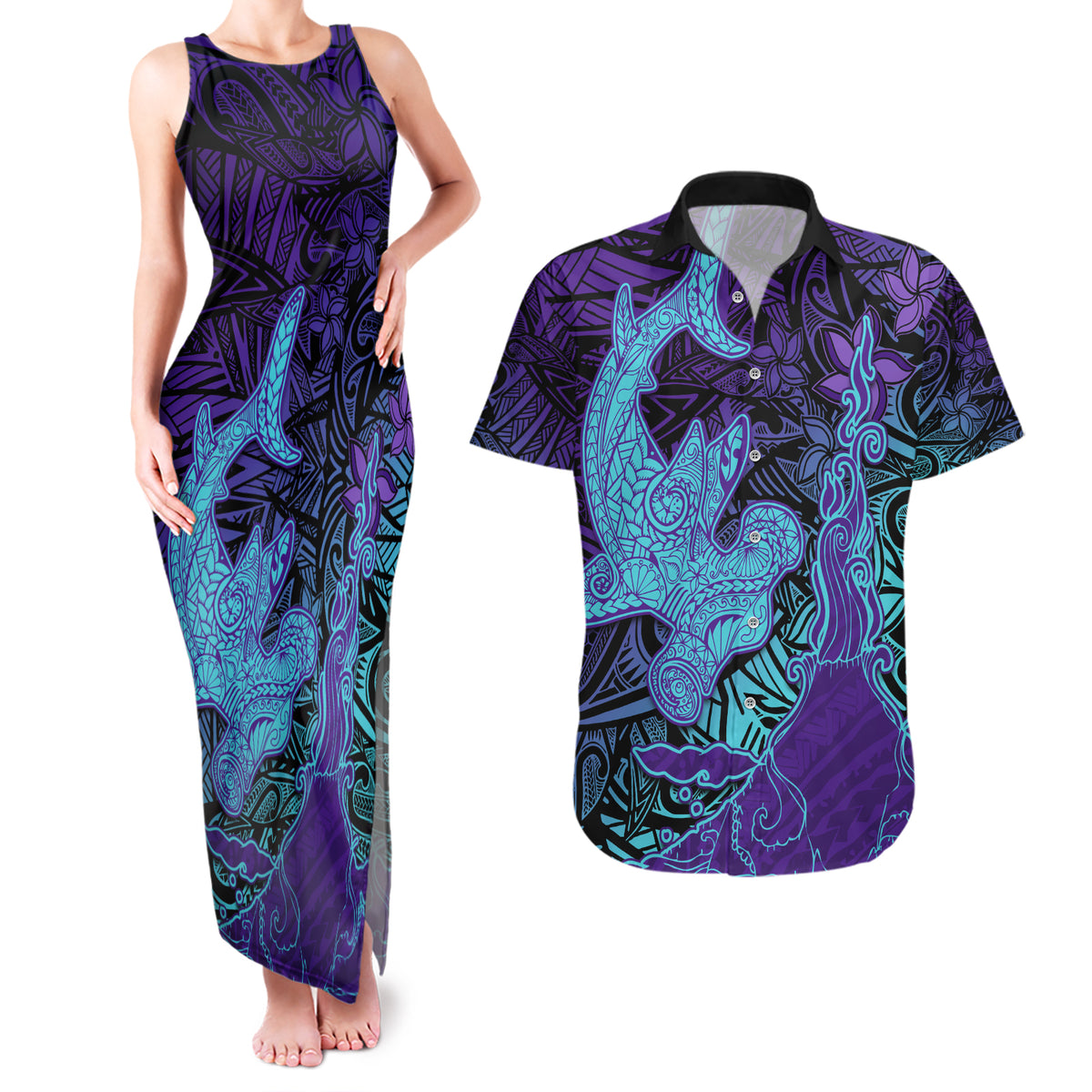 Hawaiian Volcano and Shark Couples Matching Tank Maxi Dress and Hawaiian Shirt Polynesian and Hibiscus Pattern Purple Cyan Gradient