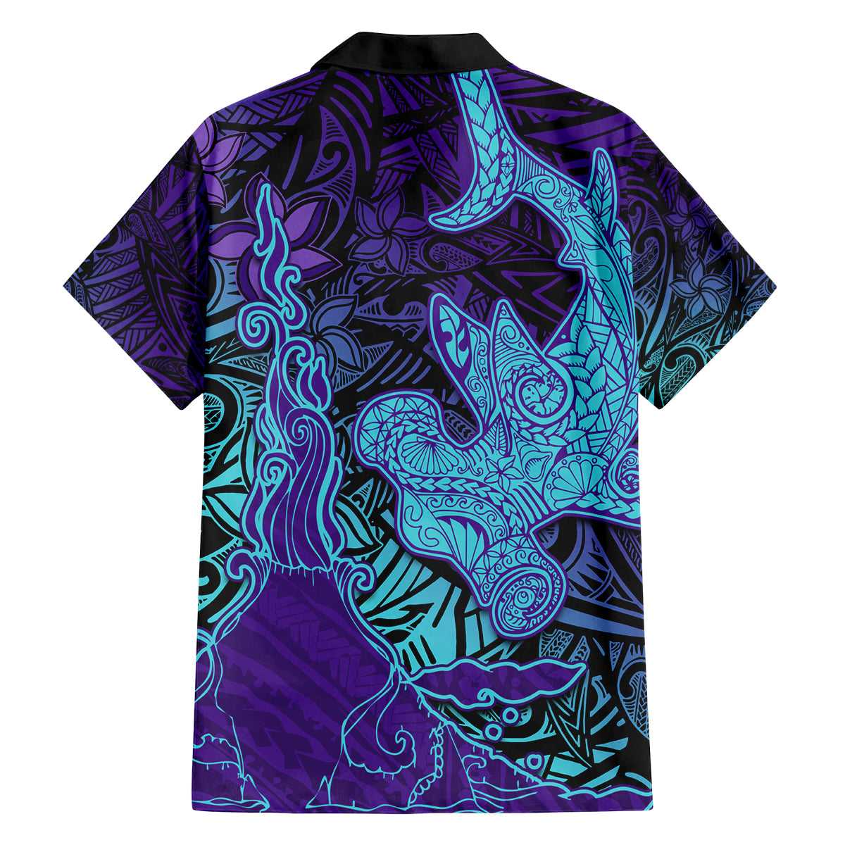 Hawaiian Volcano and Shark Family Matching Long Sleeve Bodycon Dress and Hawaiian Shirt Polynesian and Hibiscus Pattern Purple Cyan Gradient