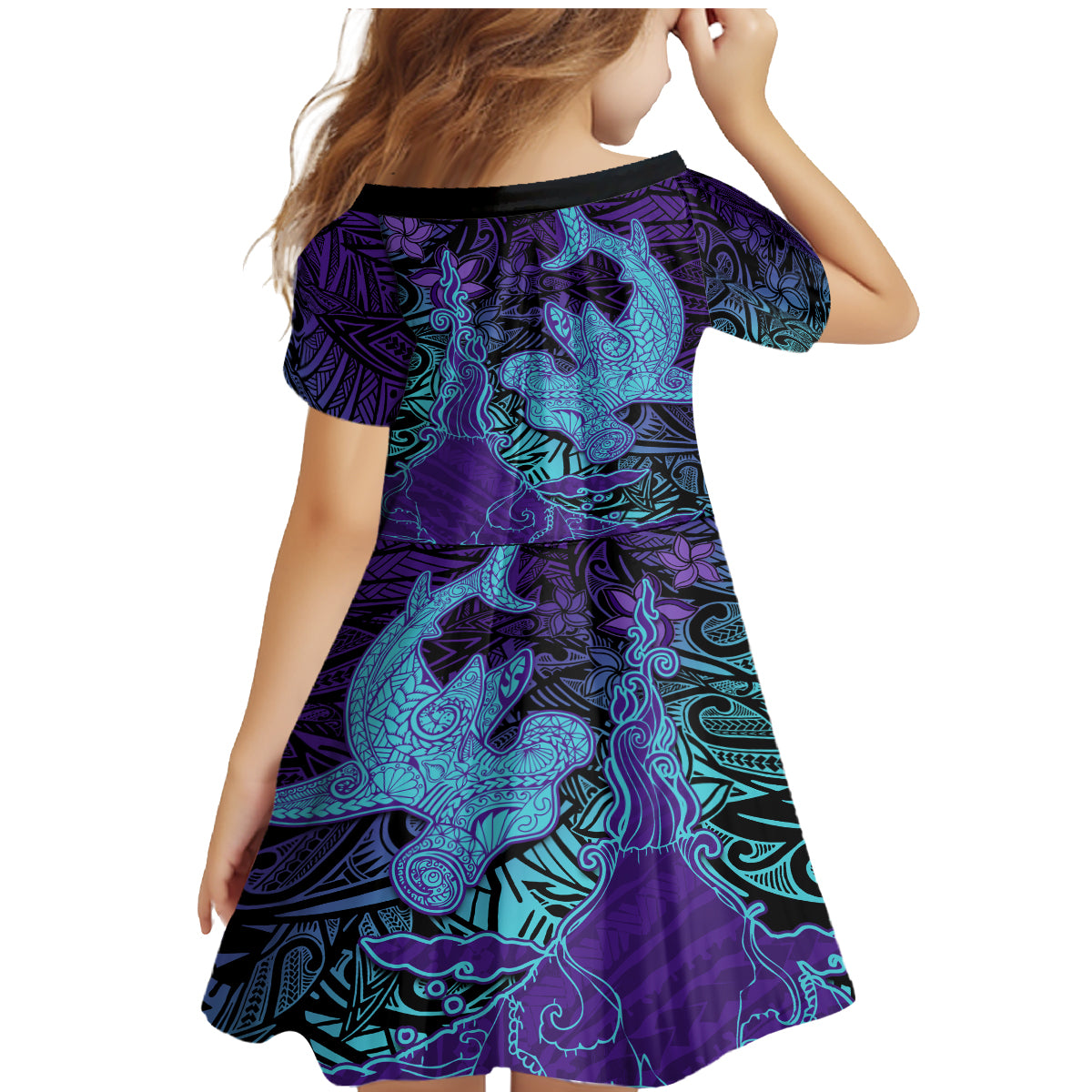 Hawaiian Volcano and Shark Family Matching Mermaid Dress and Hawaiian Shirt Polynesian and Hibiscus Pattern Purple Cyan Gradient