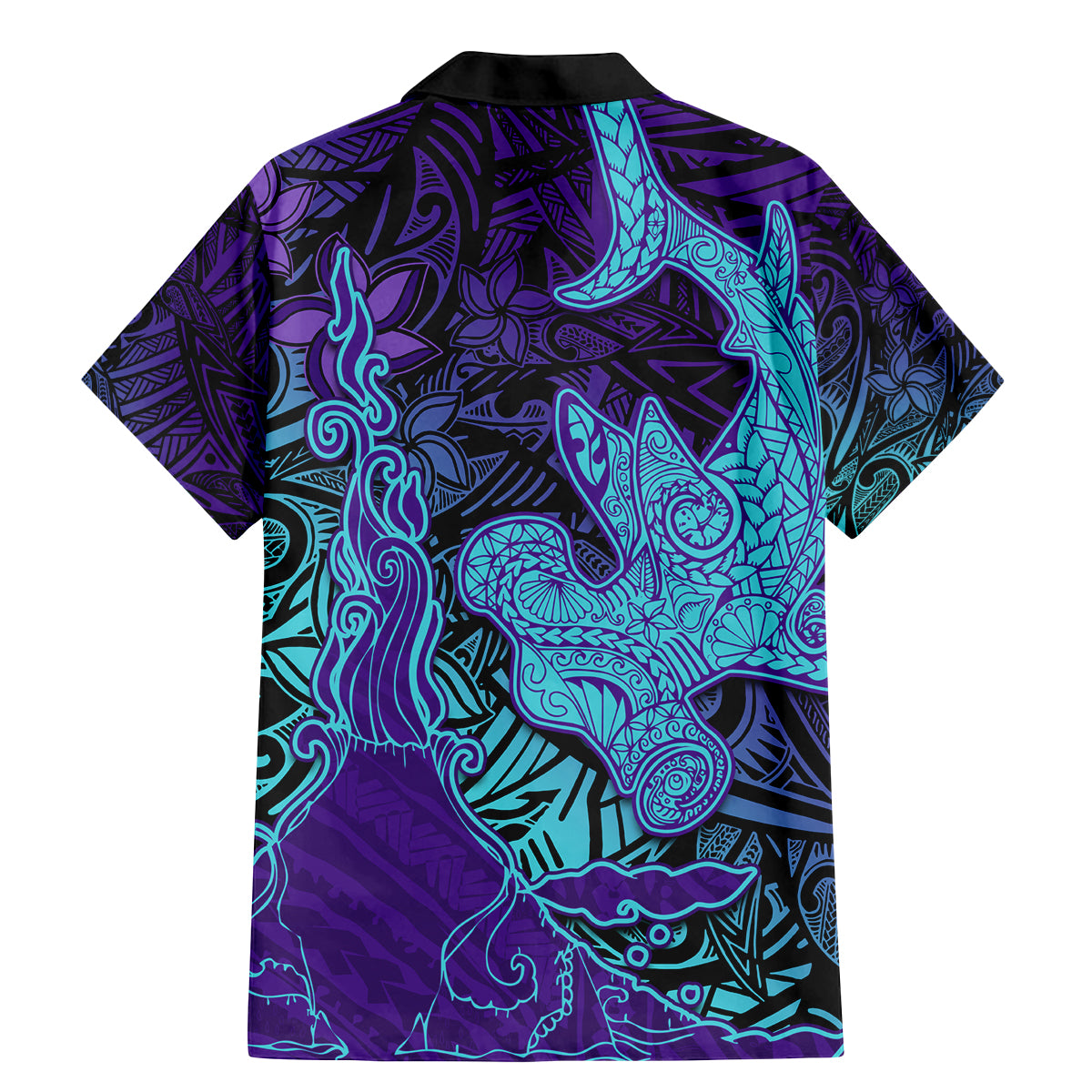 Hawaiian Volcano and Shark Family Matching Mermaid Dress and Hawaiian Shirt Polynesian and Hibiscus Pattern Purple Cyan Gradient