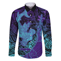 Hawaiian Volcano and Shark Family Matching Mermaid Dress and Hawaiian Shirt Polynesian and Hibiscus Pattern Purple Cyan Gradient