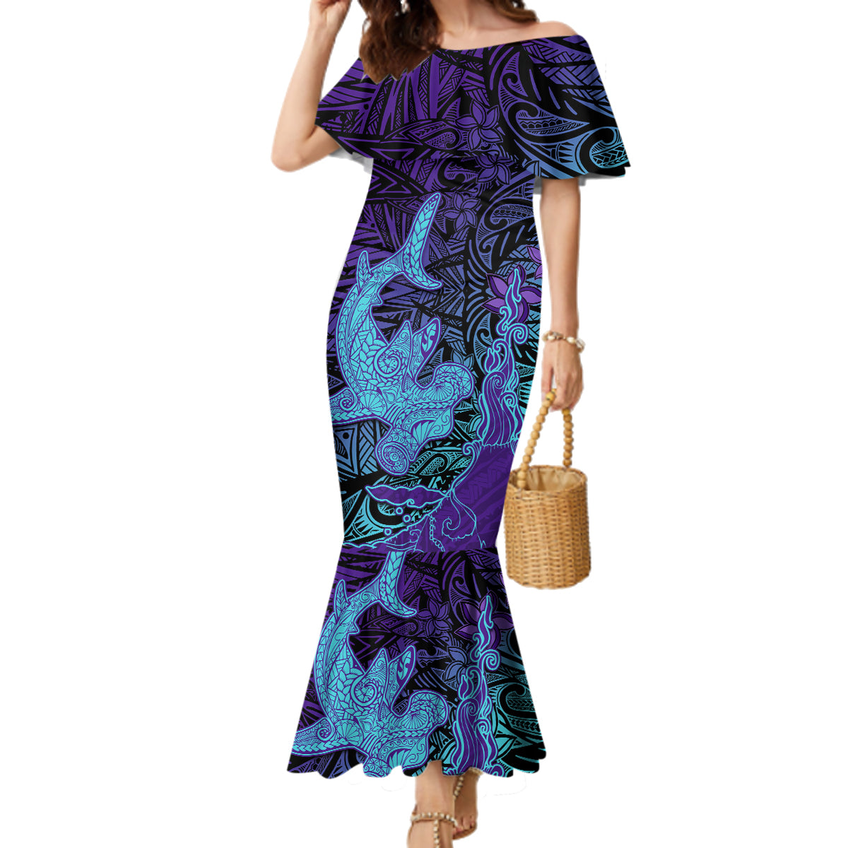 Hawaiian Volcano and Shark Family Matching Mermaid Dress and Hawaiian Shirt Polynesian and Hibiscus Pattern Purple Cyan Gradient