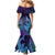 Hawaiian Volcano and Shark Family Matching Mermaid Dress and Hawaiian Shirt Polynesian and Hibiscus Pattern Purple Cyan Gradient