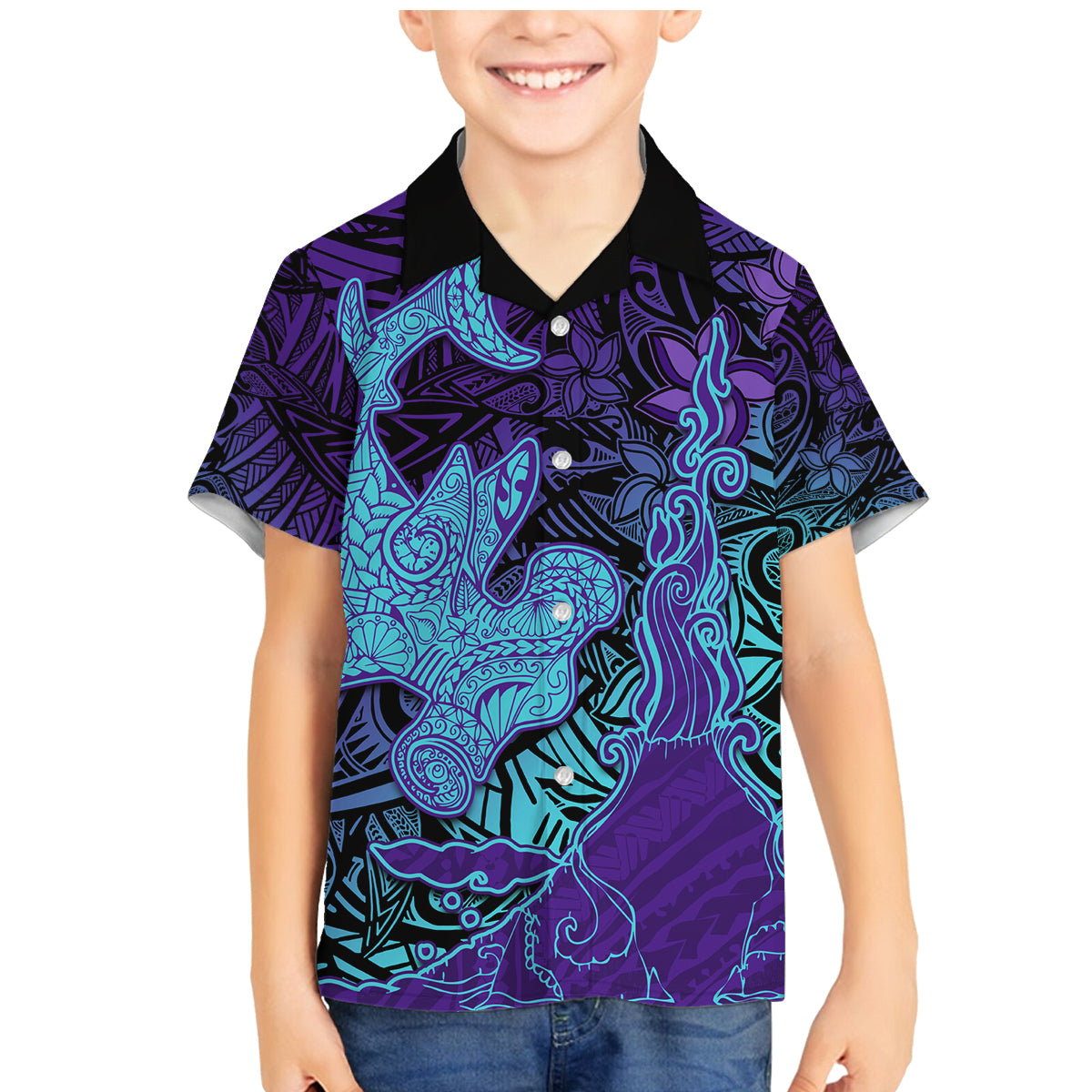 Hawaiian Volcano and Shark Family Matching Mermaid Dress and Hawaiian Shirt Polynesian and Hibiscus Pattern Purple Cyan Gradient