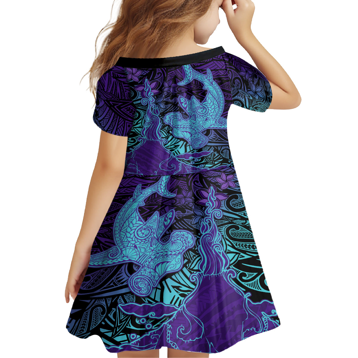 Hawaiian Volcano and Shark Family Matching Puletasi and Hawaiian Shirt Polynesian and Hibiscus Pattern Purple Cyan Gradient