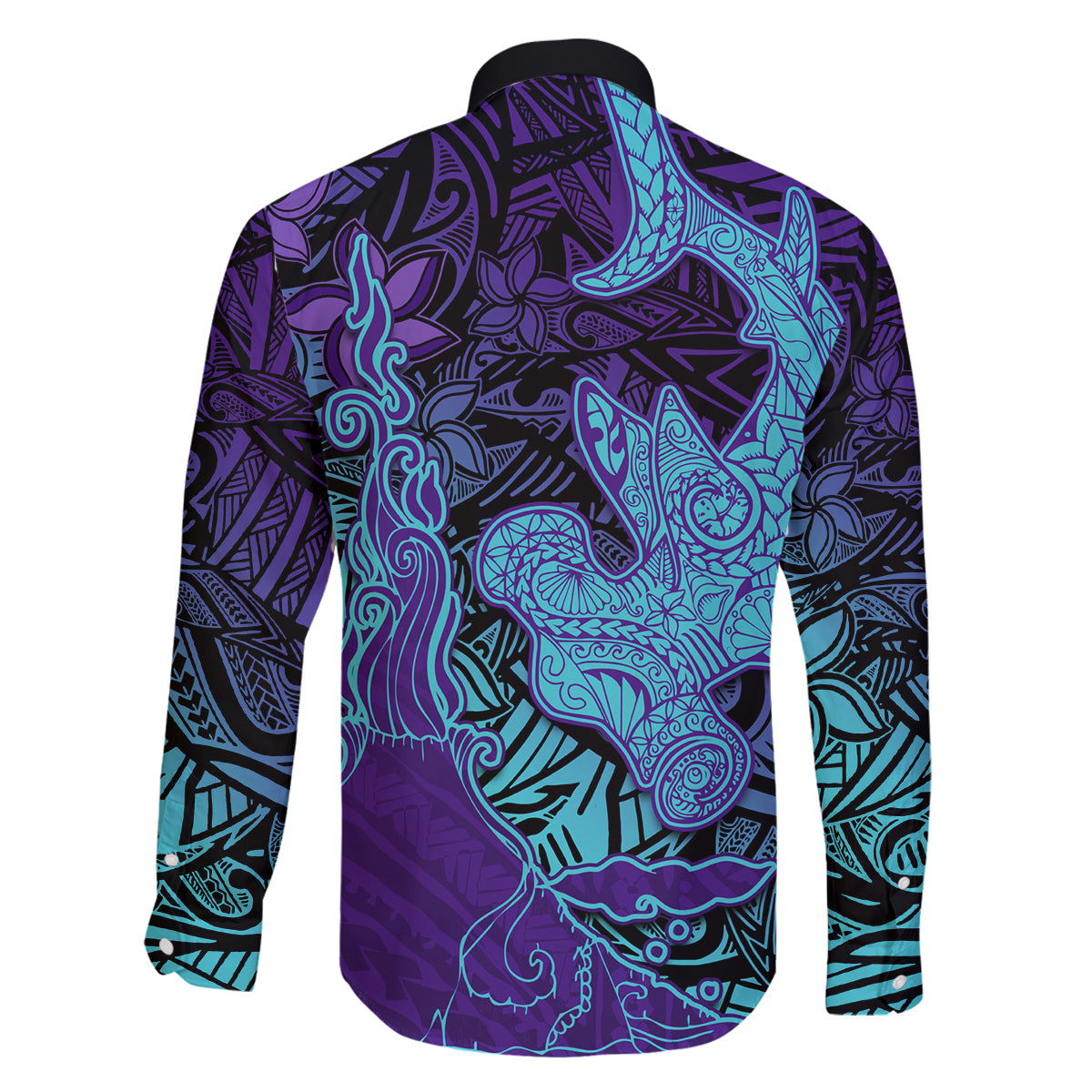 Hawaiian Volcano and Shark Family Matching Puletasi and Hawaiian Shirt Polynesian and Hibiscus Pattern Purple Cyan Gradient