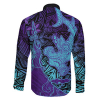 Hawaiian Volcano and Shark Family Matching Puletasi and Hawaiian Shirt Polynesian and Hibiscus Pattern Purple Cyan Gradient
