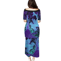 Hawaiian Volcano and Shark Family Matching Puletasi and Hawaiian Shirt Polynesian and Hibiscus Pattern Purple Cyan Gradient