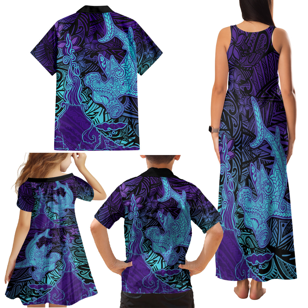 Hawaiian Volcano and Shark Family Matching Tank Maxi Dress and Hawaiian Shirt Polynesian and Hibiscus Pattern Purple Cyan Gradient