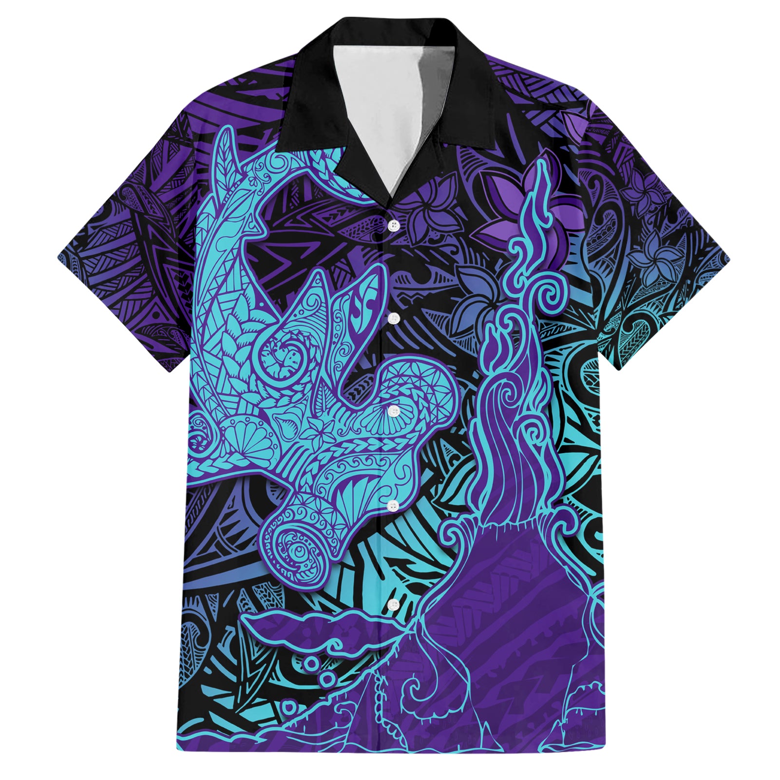 Hawaiian Volcano and Shark Hawaiian Shirt Polynesian and Hibiscus Pattern Purple Cyan Gradient