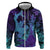 Hawaiian Volcano and Shark Hoodie Polynesian and Hibiscus Pattern Purple Cyan Gradient