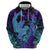 Hawaiian Volcano and Shark Hoodie Polynesian and Hibiscus Pattern Purple Cyan Gradient