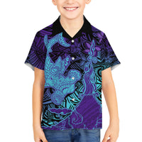 Hawaiian Volcano and Shark Kid Hawaiian Shirt Polynesian and Hibiscus Pattern Purple Cyan Gradient