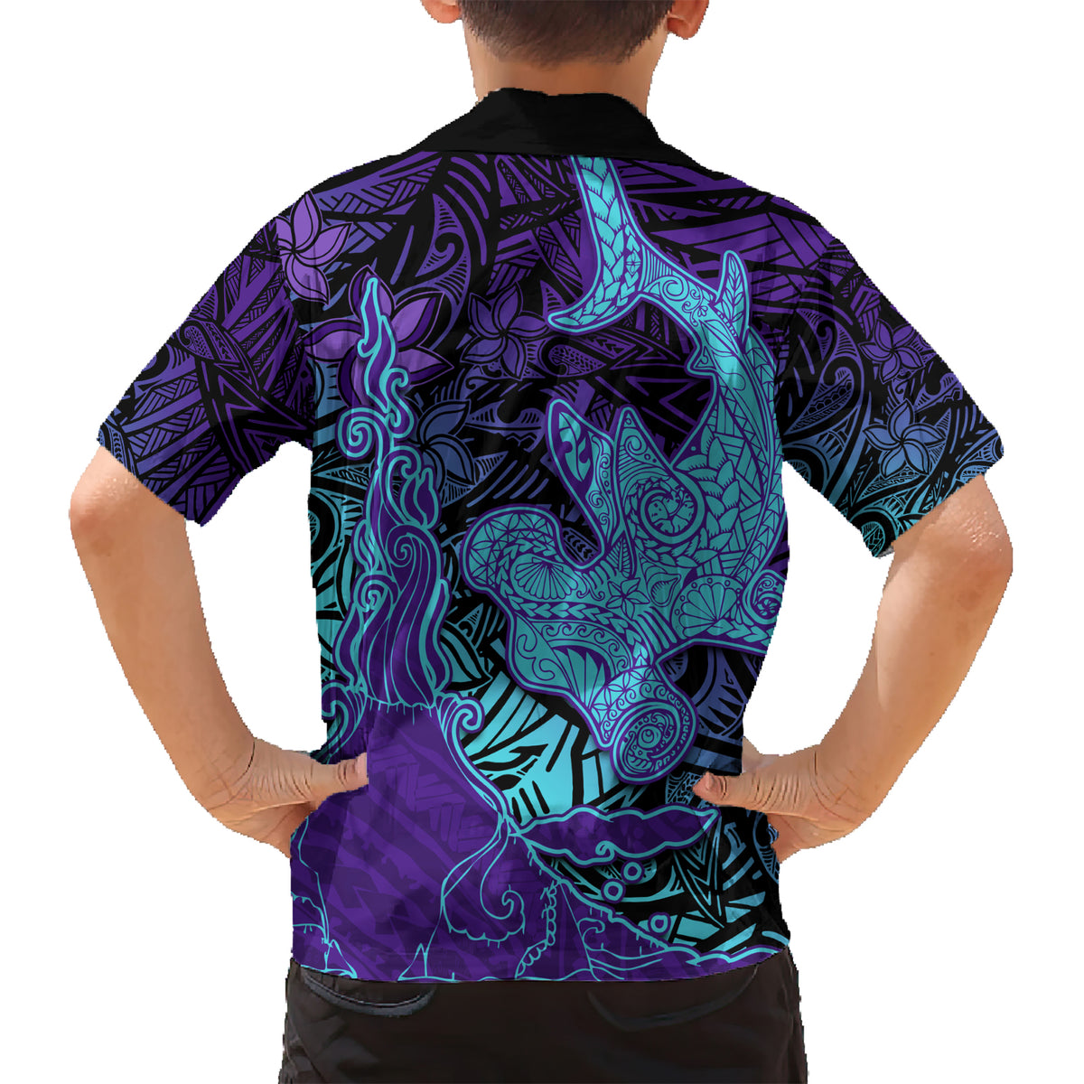 Hawaiian Volcano and Shark Kid Hawaiian Shirt Polynesian and Hibiscus Pattern Purple Cyan Gradient