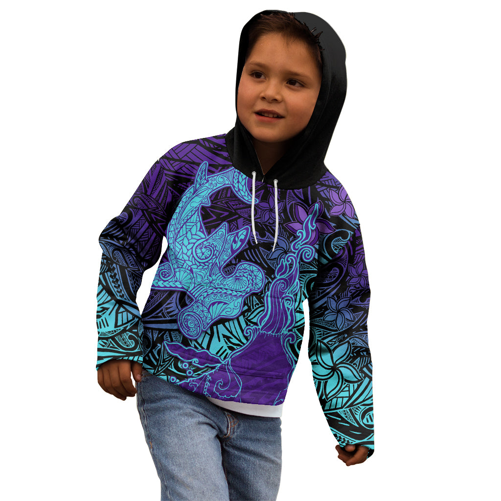 Hawaiian Volcano and Shark Kid Hoodie Polynesian and Hibiscus Pattern Purple Cyan Gradient
